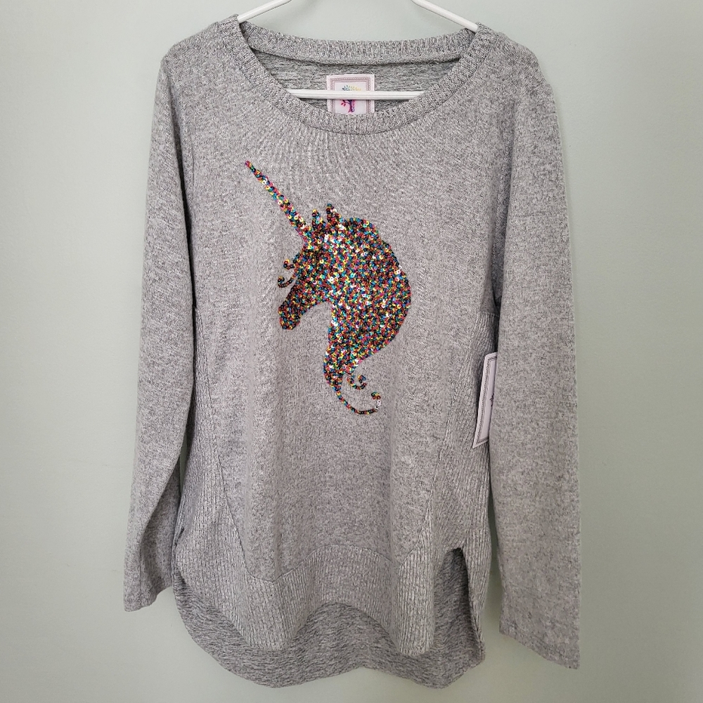 Colortree‎ Girls Sequin Unicorn Gray Hi Low Sweater New Size 14